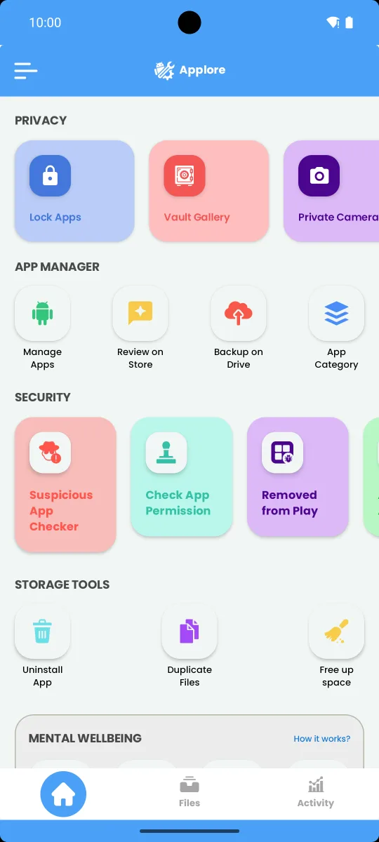 Applore's home screen: App Lock, vaults, app manager, security and storage tools