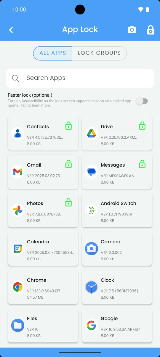 App Lock with Contacts, Drive, Gmail, Messages and Photos locked