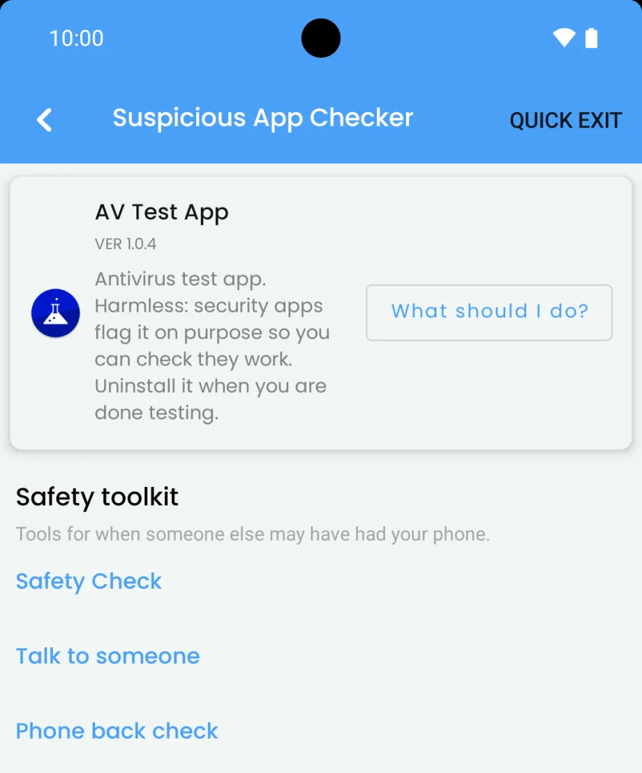 Applore's Suspicious App Checker with one harmless test app flagged and explained